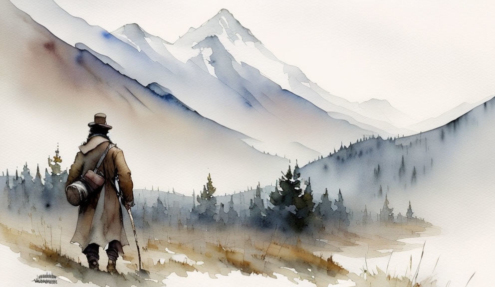 Lone figure in coat and hat walking to misty mountains with pine trees