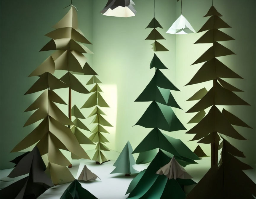 Tranquil paper pine trees with pendant lights in serene forest scene