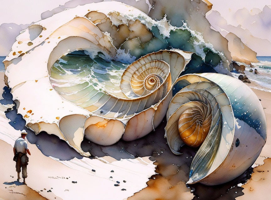 Oversized seashell painting with person by the sea