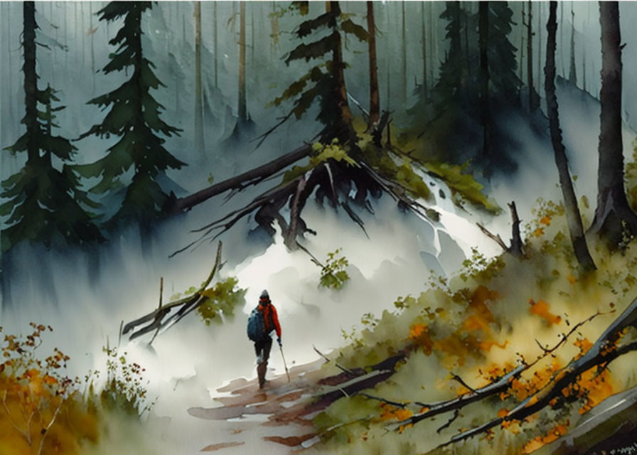 Hiker with red backpack in misty forest with fallen logs and autumn foliage