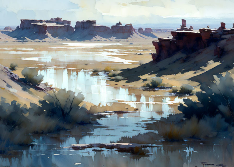 Tranquil desert landscape with mesas, waterways, sparse vegetation.