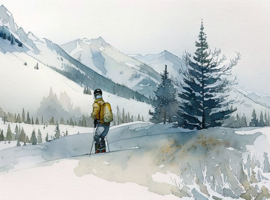 Snowy Mountain Skiing Watercolor Painting