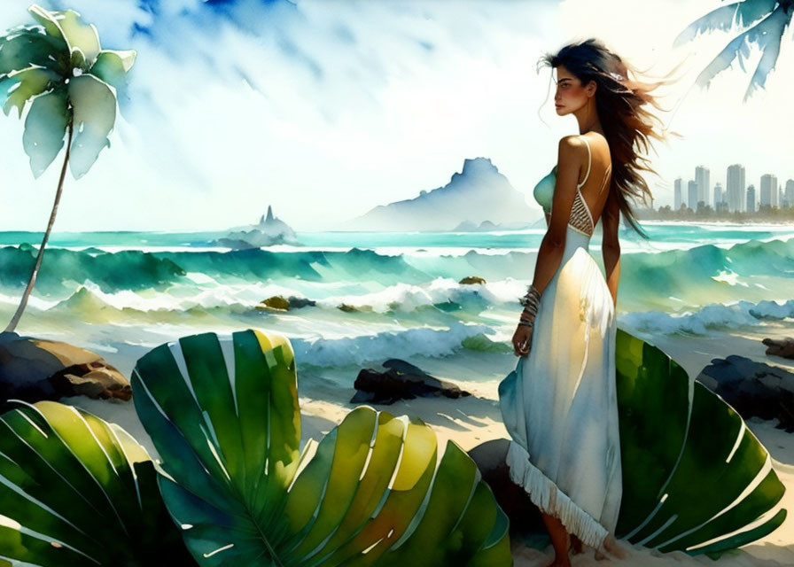 Woman in White Dress on Tropical Beach with City Skyline View