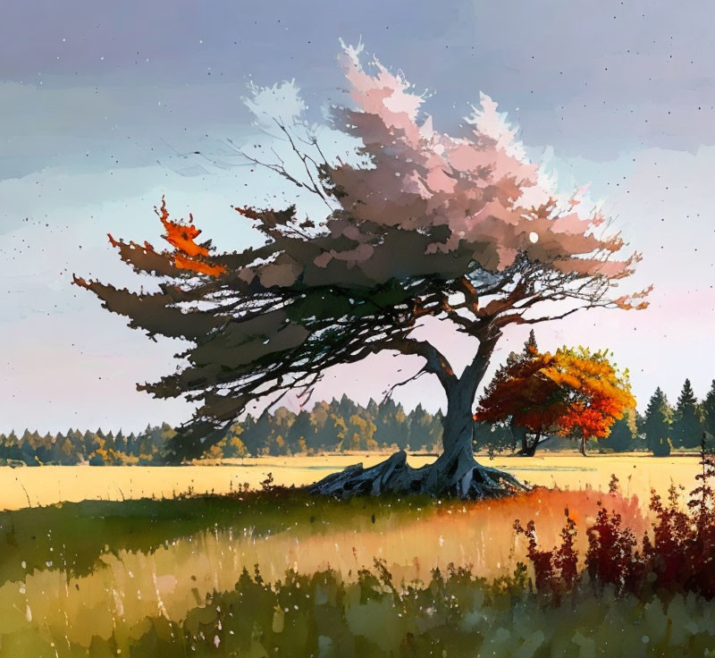 Windswept tree in golden field with pink and orange leaves