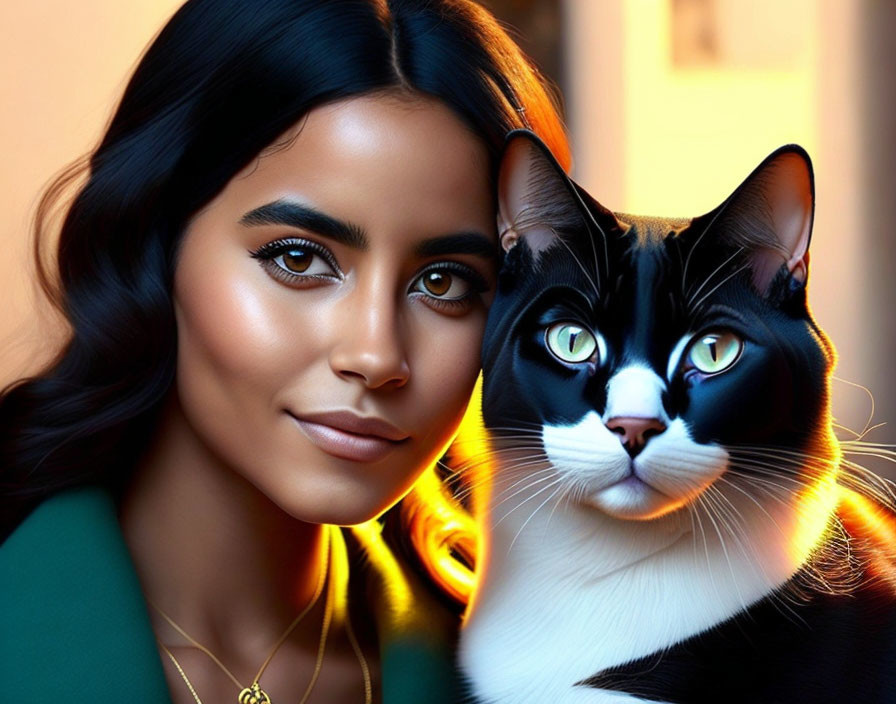 Dark-haired woman and black-and-white cat with matching eyes pose together