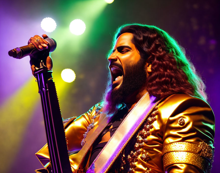 Long-haired singer in golden jacket on stage with microphone stand