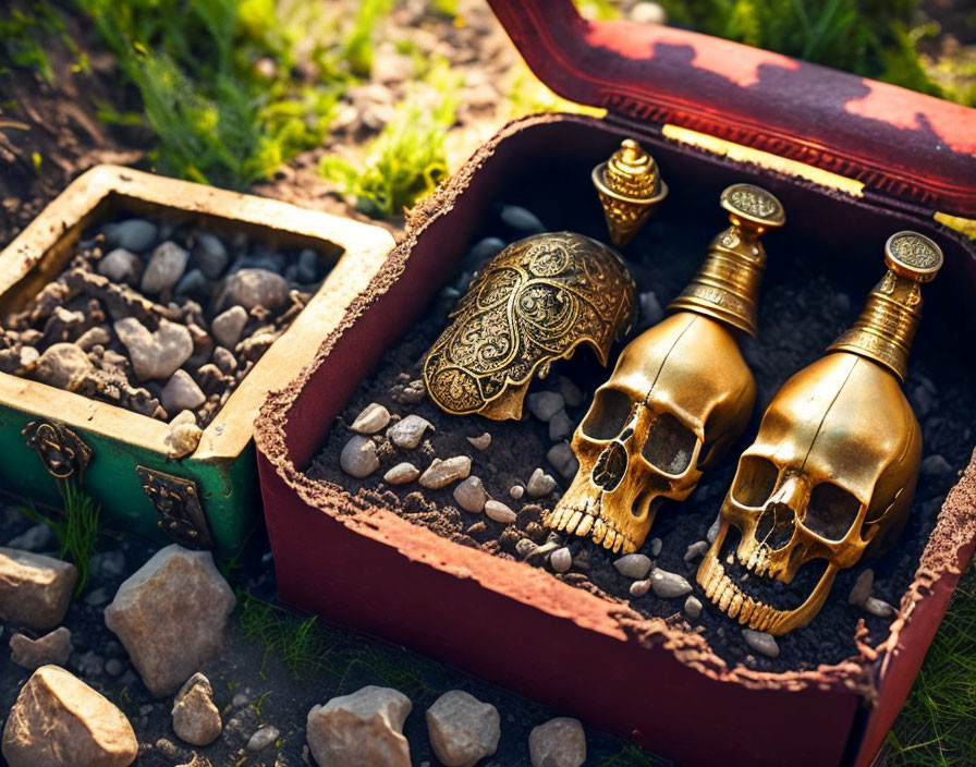 Golden skull, bottles, and vintage suitcase in a pirate-themed setting.