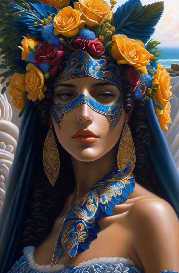 Woman in Floral Crown and Blue Mask with Gold Adornments