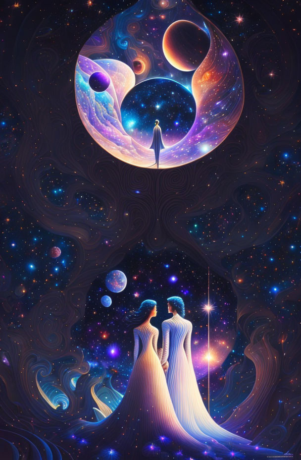 Illustration of two individuals observing cosmic scene