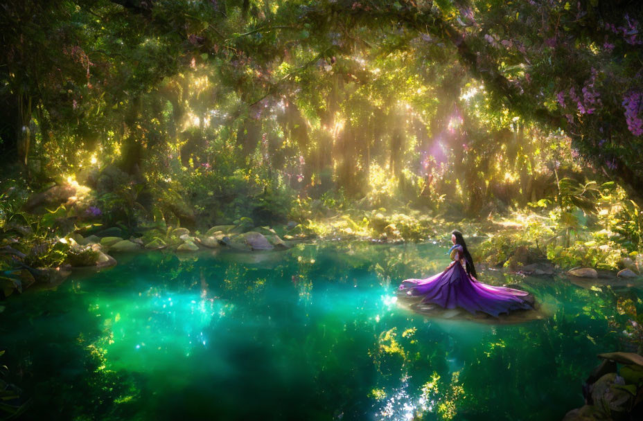 Person in Purple Dress by Tranquil Forest Pond