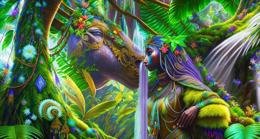 Woman with nature-inspired headdress and golden mask in vibrant jungle.