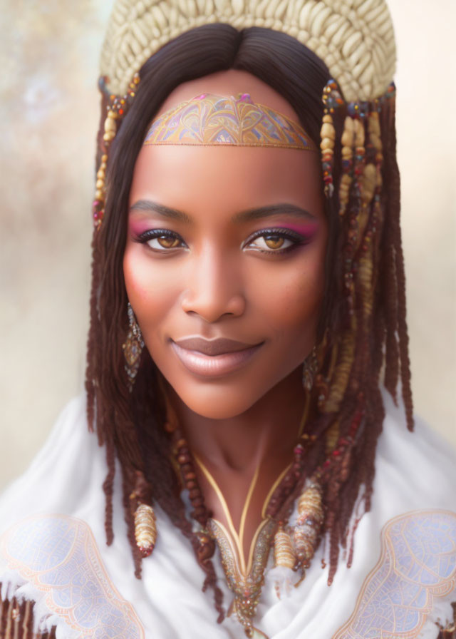 Portrait of woman with intricate face paint, beaded headpiece, and serene smile