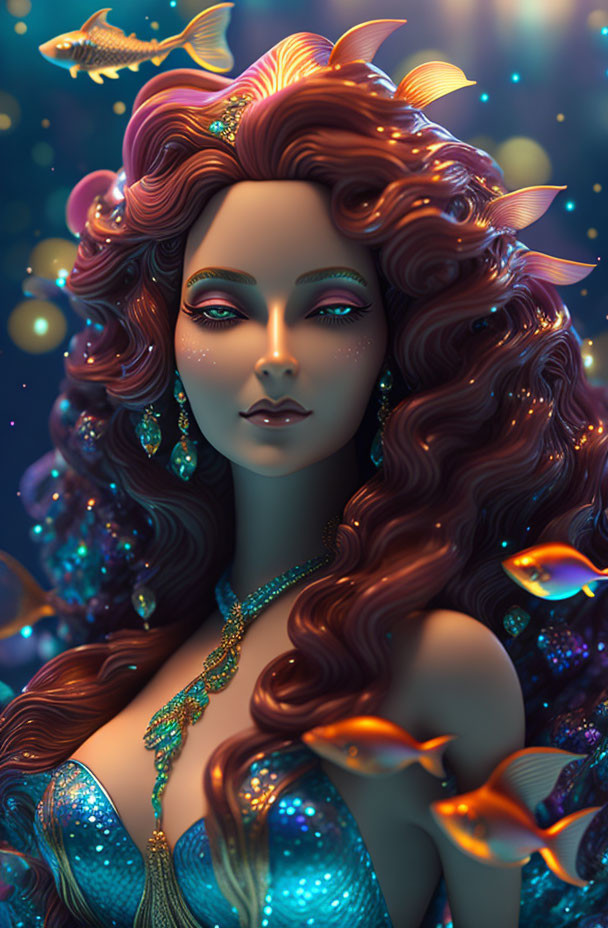 Digital artwork of woman with curly hair, fish, and jewelry in underwater scene