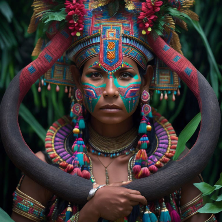 Elaborate traditional attire with vibrant face paint and large headdress in leafy setting