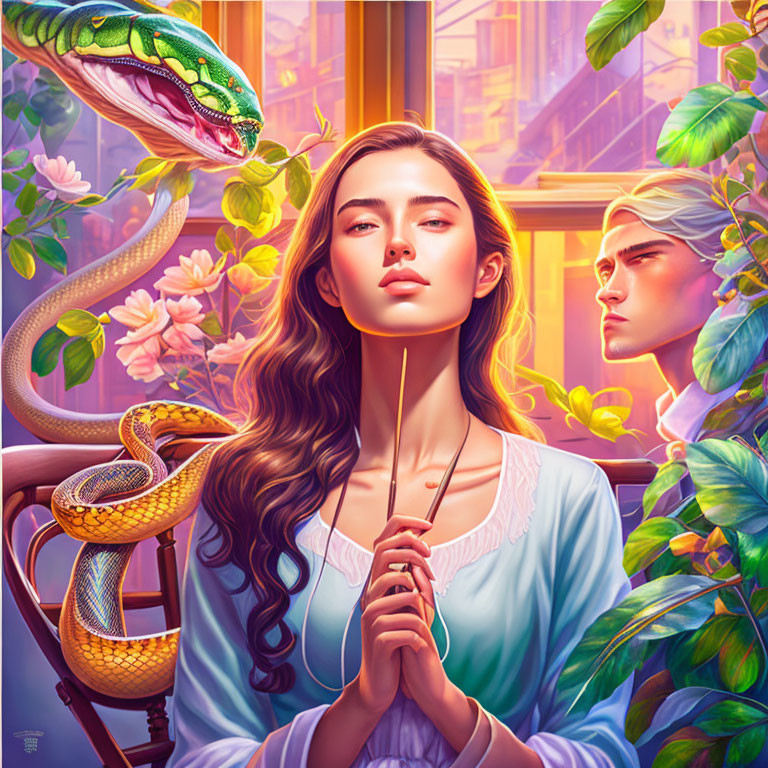 Woman with wand, snake, man in lush setting & stained glass window