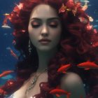 Digital artwork of woman with curly hair, fish, and jewelry in underwater scene