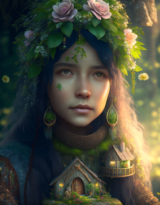 Serene girl with floral crown and ivy face markings in front of miniature house