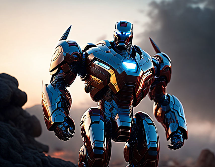 Futuristic armored suit in rocky terrain with glowing blue energy