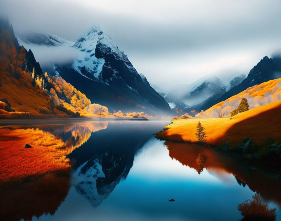 Snow-capped mountains and autumn trees reflected in serene lake under misty sunrise