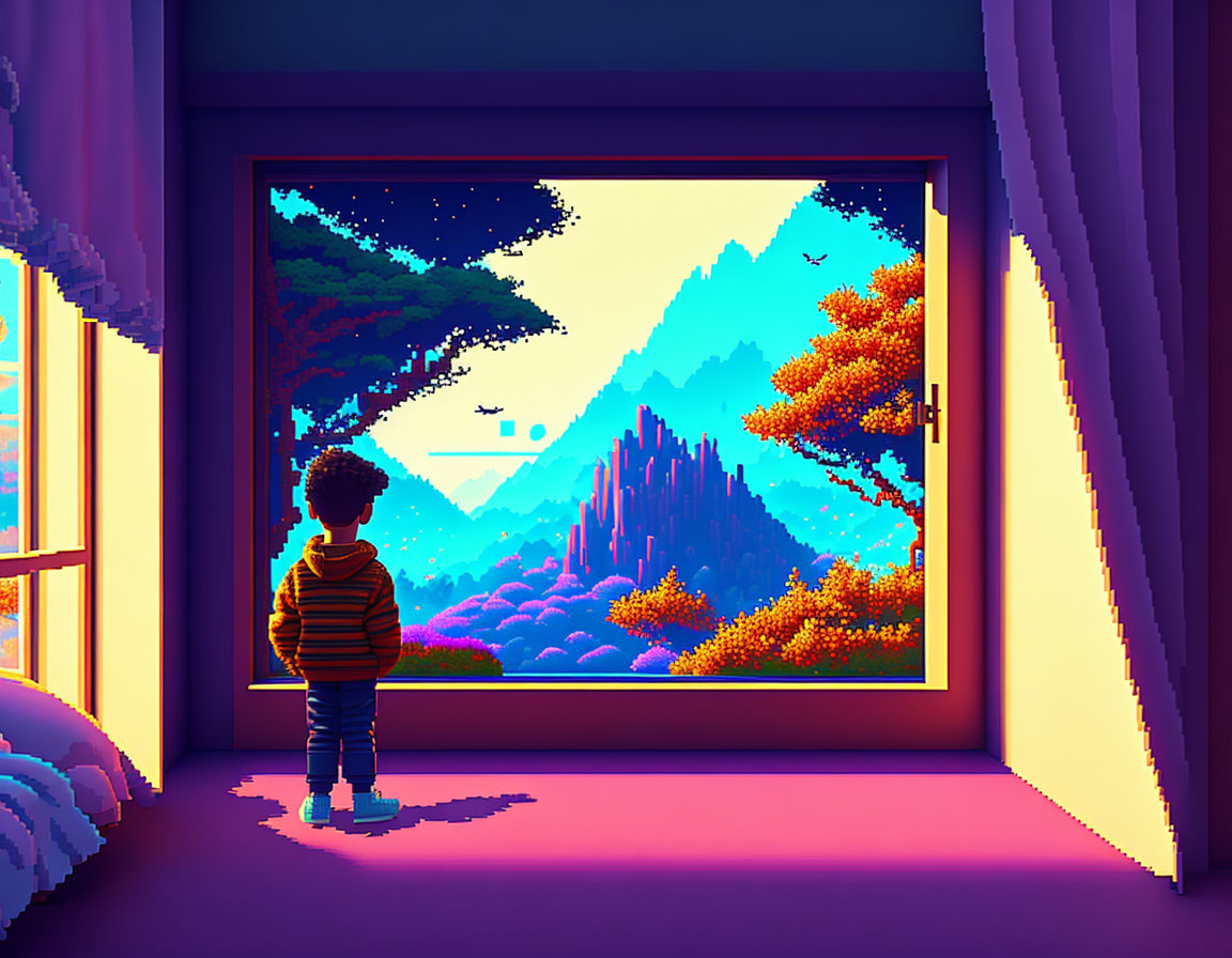 Child admires pixel-art landscape with mountains and flying objects through large window