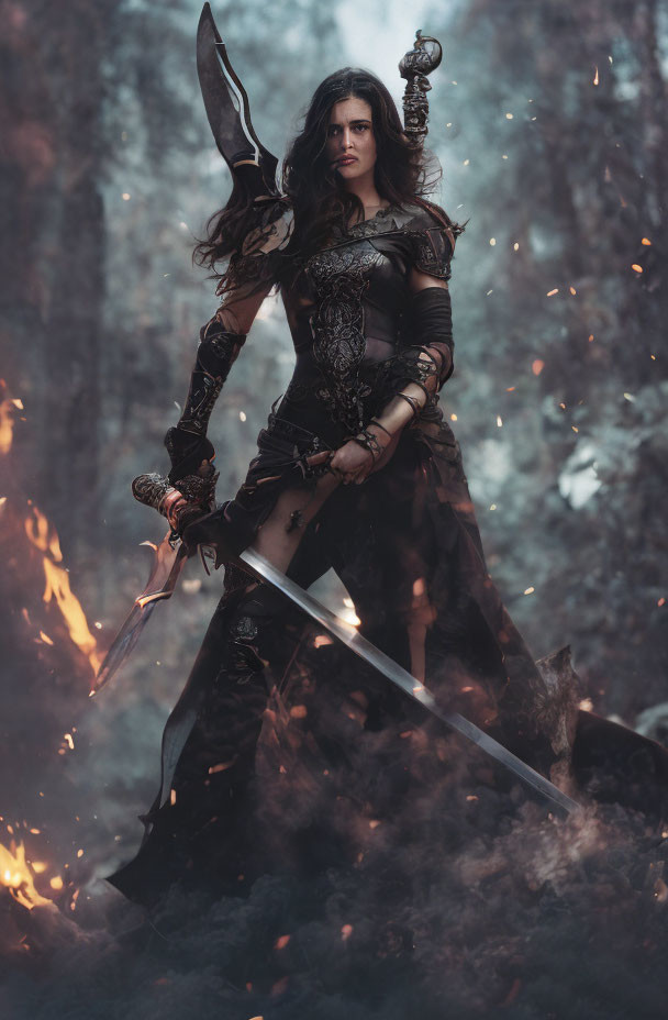 Warrior woman in dark armor with sword and staff in fiery forest.