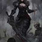 Warrior woman in dark armor with sword and staff in fiery forest.