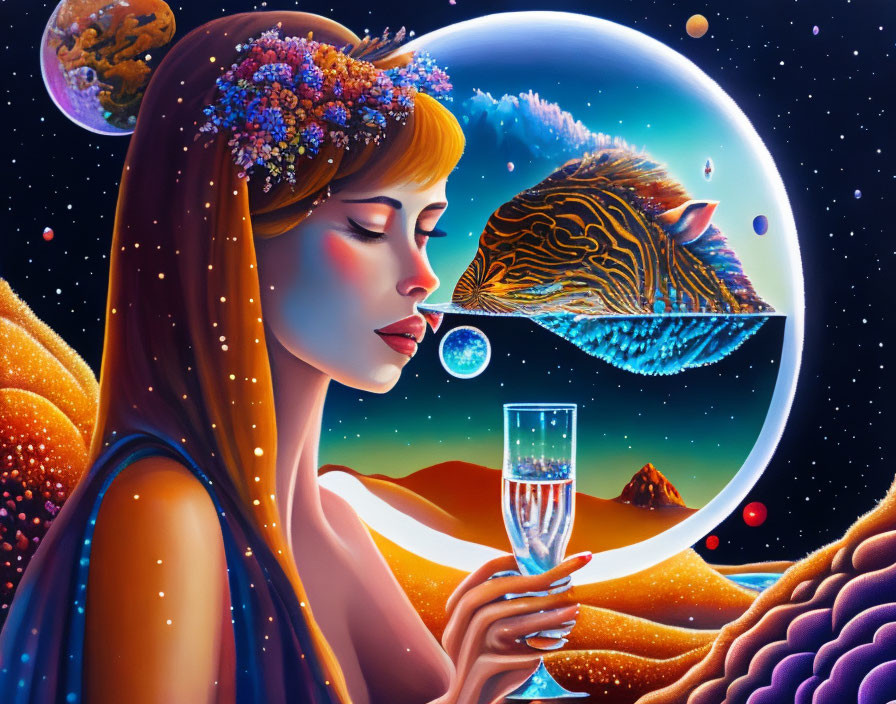 Surreal illustration of woman with floral headpiece and champagne glass