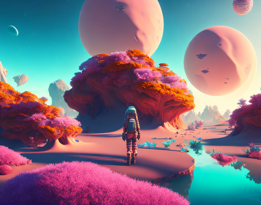 Astronaut exploring alien planet with colorful flora and oversized moons