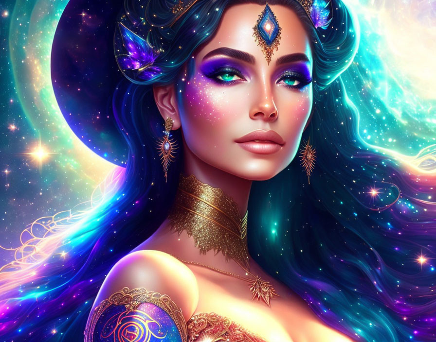 Mystical woman with galaxy-themed hair and cosmic jewelry