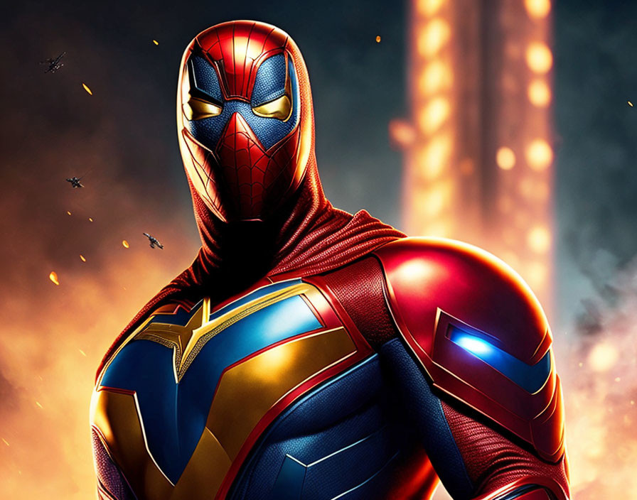 Detailed Spider-Man costume in red, blue, and gold against fiery backdrop