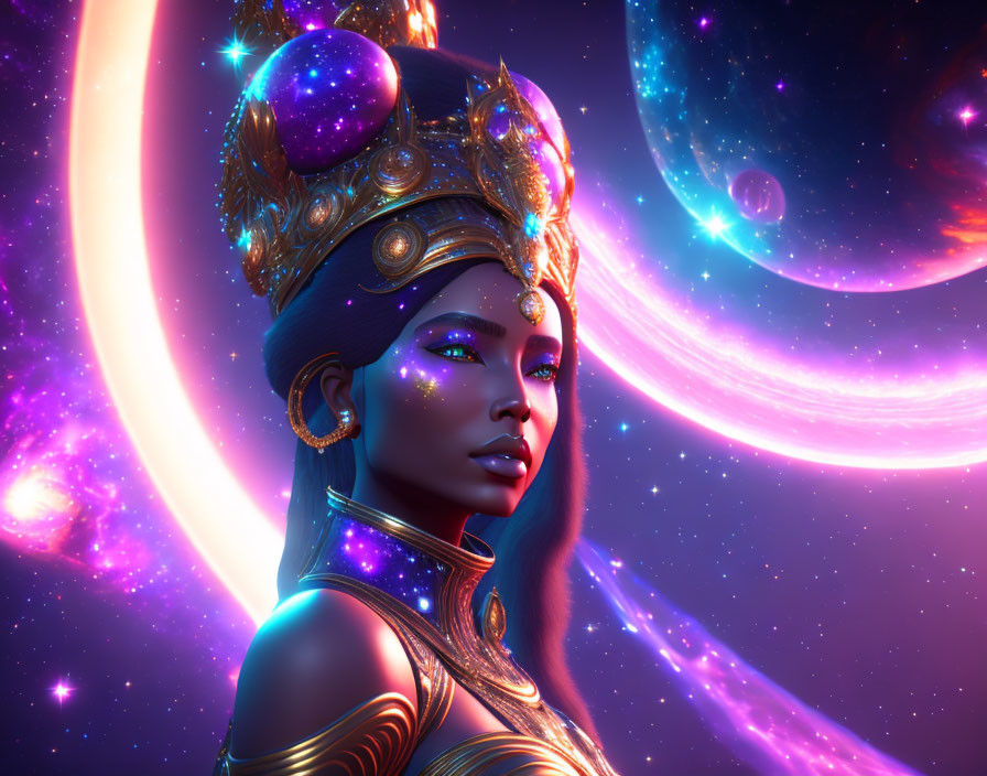 Cosmic-themed digital artwork of woman with celestial headgear in vibrant space scene