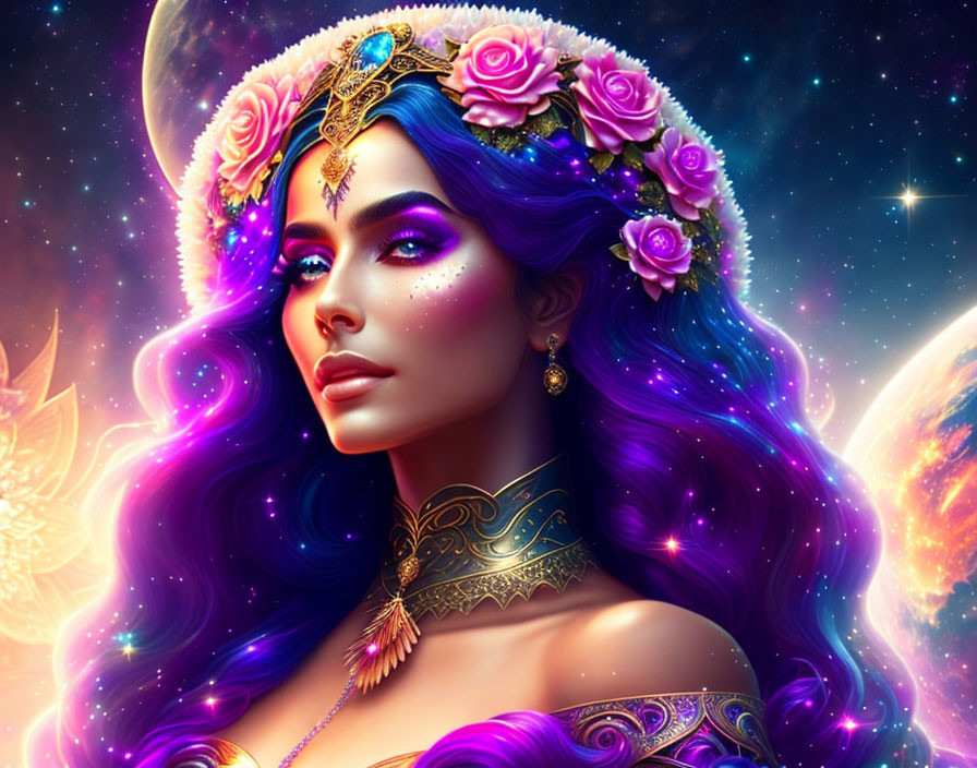 Vibrant purple hair woman portrait with celestial headdress and cosmic background