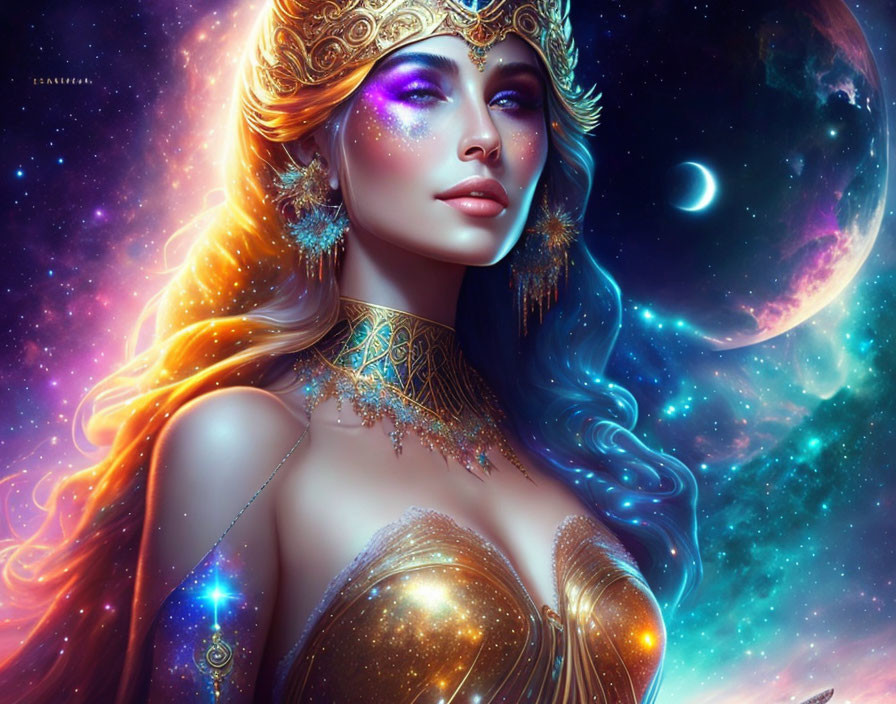 Fantasy digital artwork: Cosmic woman with vibrant hair, golden crown, and planet backdrop