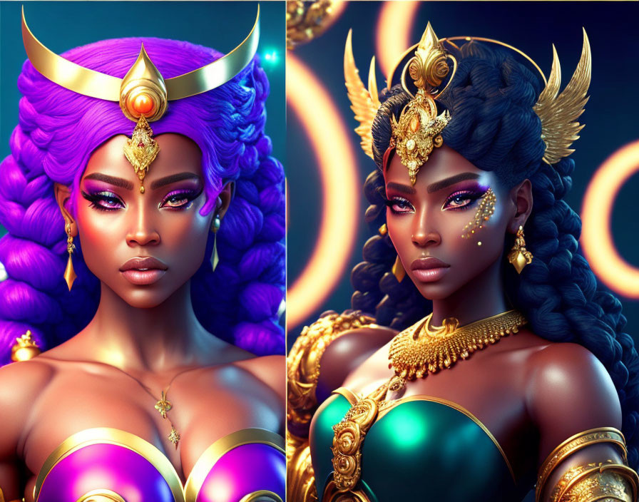 Regal female figures with purple hair and golden headpieces