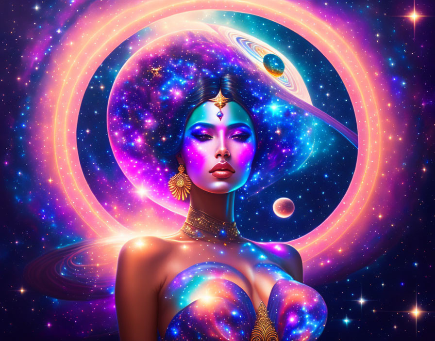 Digital artwork: Woman with cosmic elements - galaxies, stars, planets