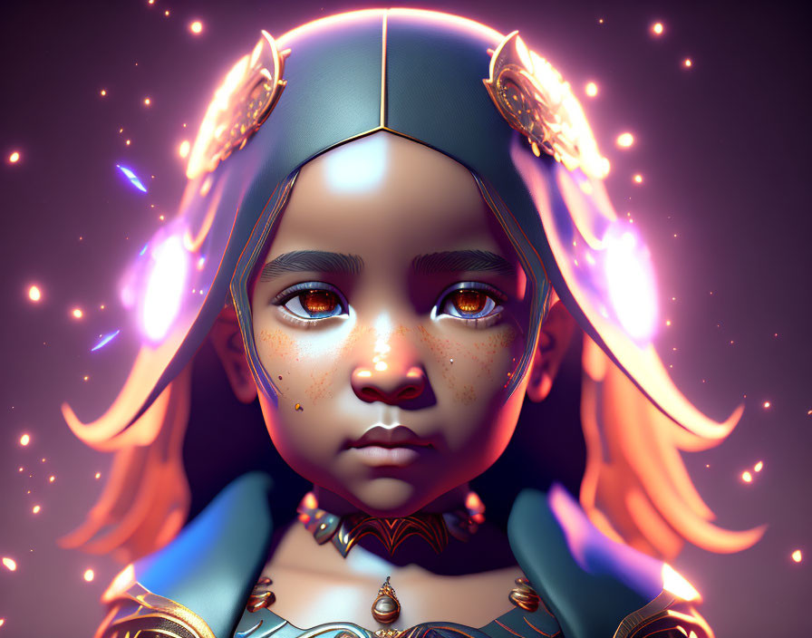 Digital artwork: Young girl in sci-fi armor with glowing hair, fantasy/futuristic theme