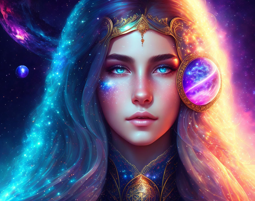 Vibrant galaxy-themed woman digital illustration