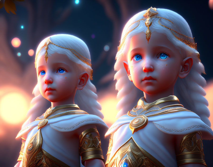 Ethereal children in golden armor in mystical forest