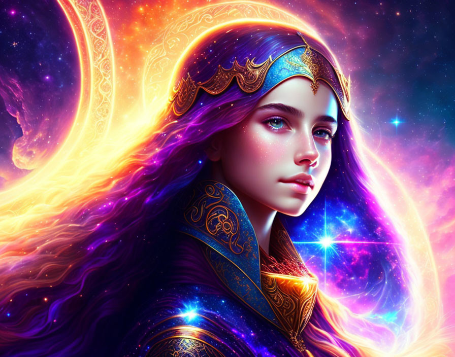 Colorful digital artwork: Woman with purple hair, cosmic background, golden tiara, detailed cloak