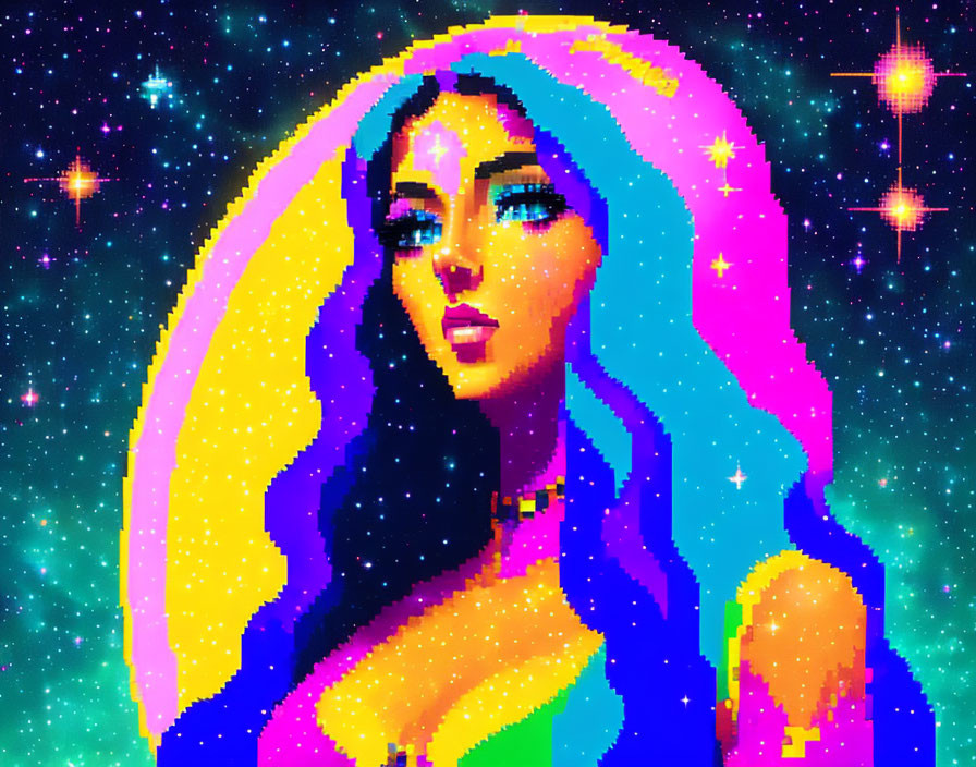 Multicolored hair woman in pixel art against starry space background