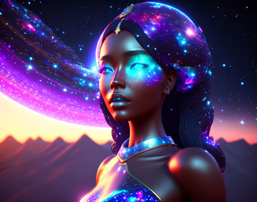 Cosmic-themed Woman in Twilight Landscape Artwork