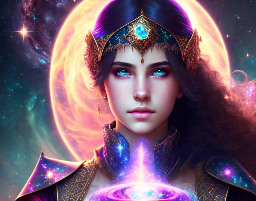 Fantasy portrait of a woman with blue eyes, golden crown, celestial jewelry, cosmic backdrop.