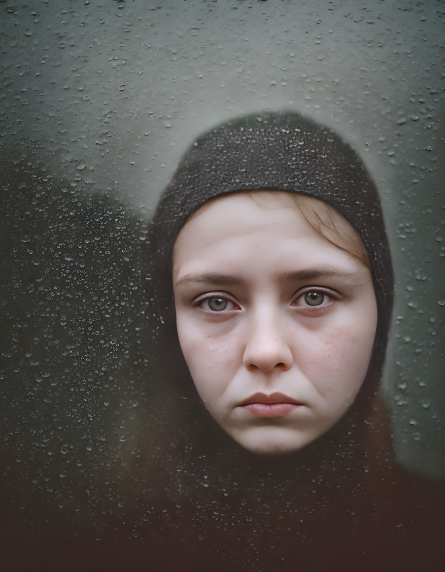 Contemplative person in beanie gazes through raindrop-covered window