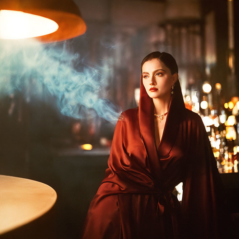 Sophisticated woman in vintage red attire in dimly lit bar with swirling smoke.