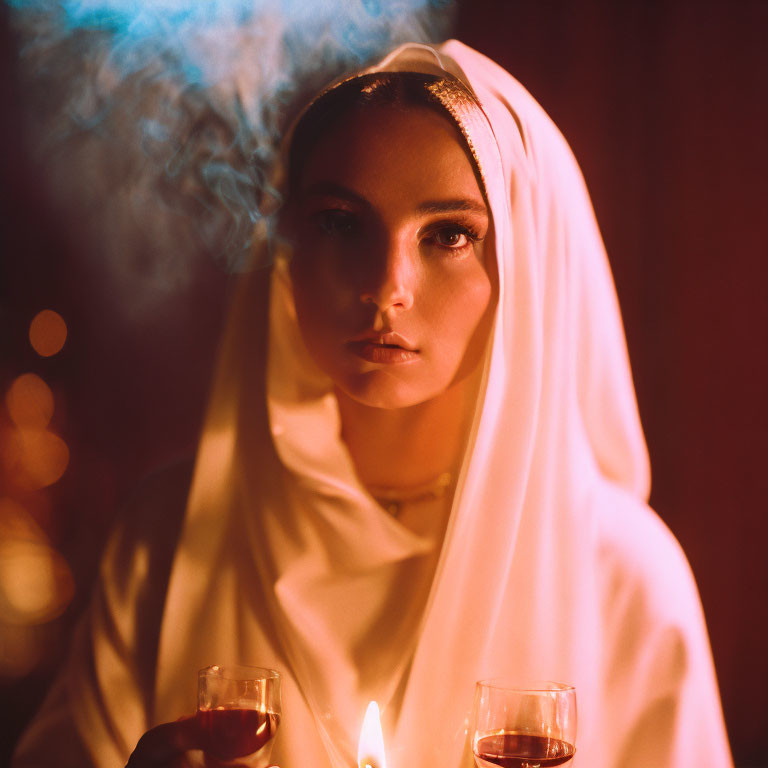 Woman in white headscarf with candles and wine glasses in dimly lit room