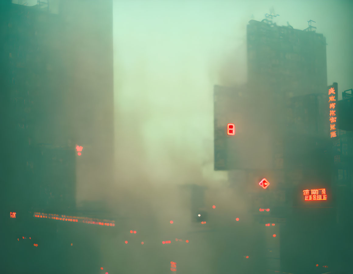 Cityscape of urban high-rise buildings with neon signs glowing in dense fog