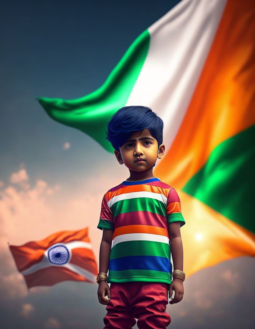 Child in colorful clothing with Indian flag and moody sky.