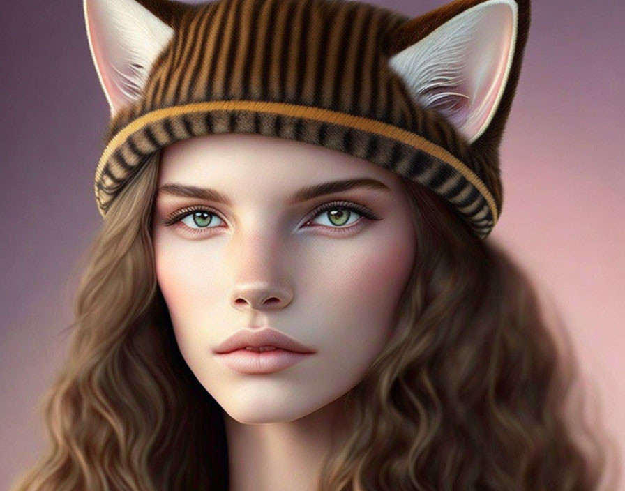 Digital artwork: Person with realistic features, cat ears, striped hat