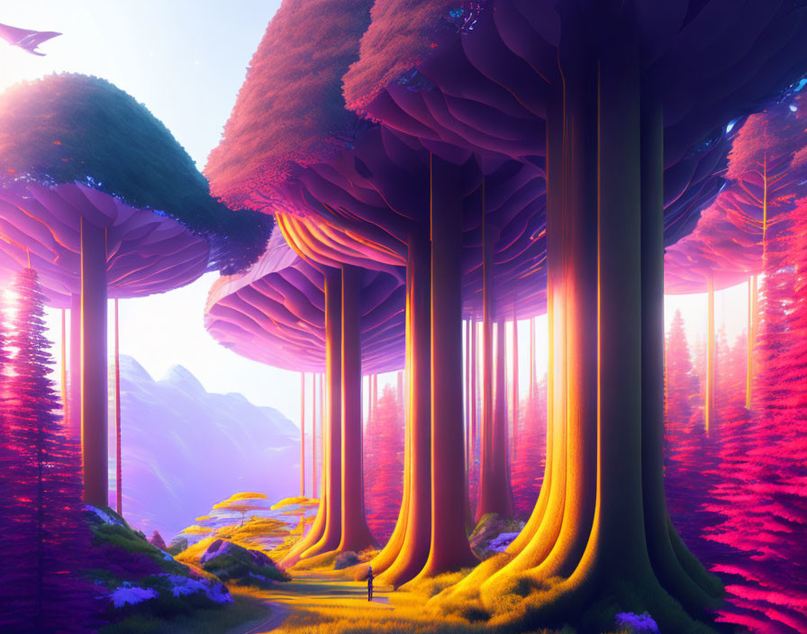 Fantastical forest with oversized mushrooms and purple-golden light