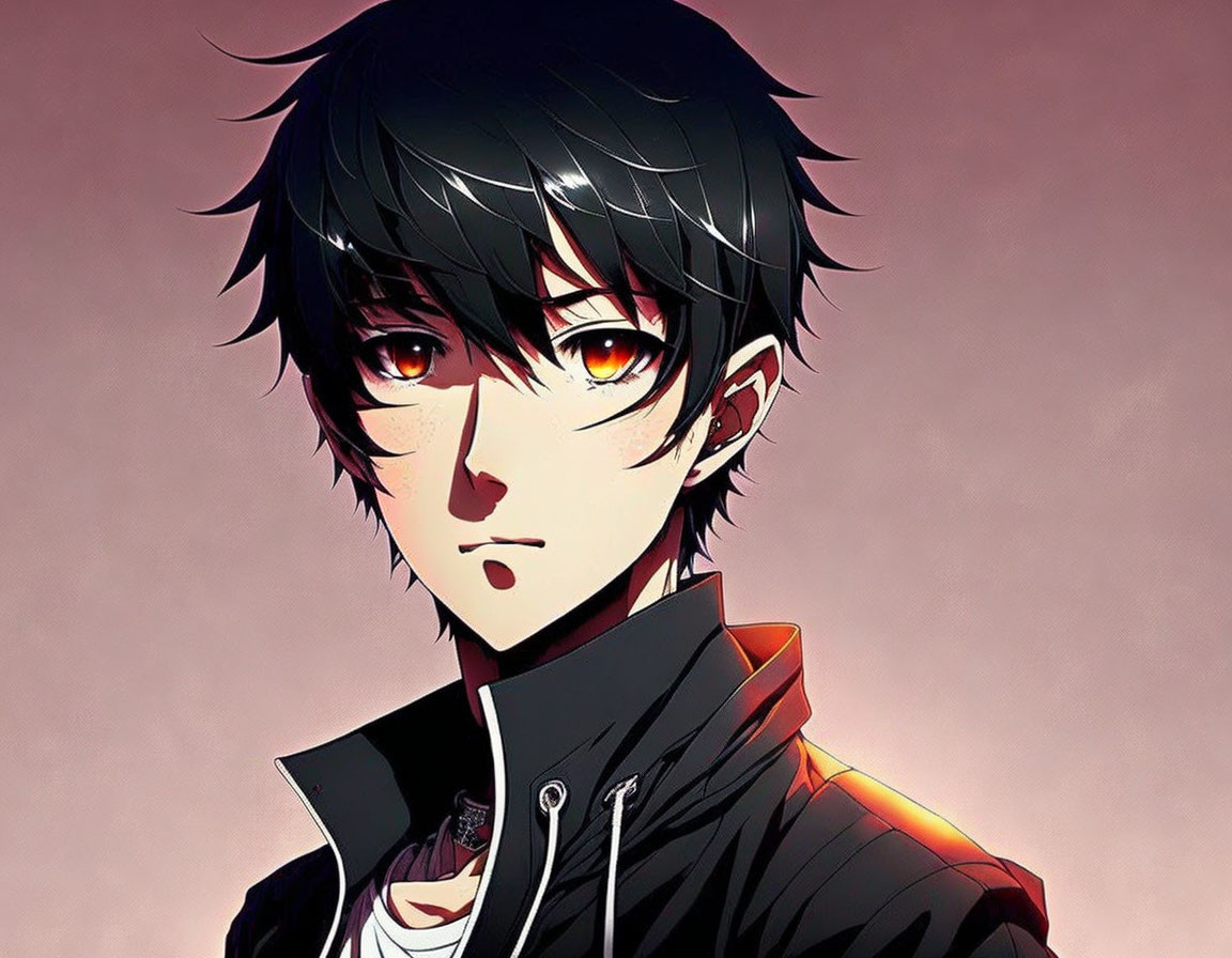 Animated character with black hair and amber eyes in a dark jacket